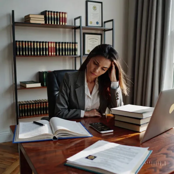 Immigration attorney reviewing case files at desk - Drafty AI automates legal drafting